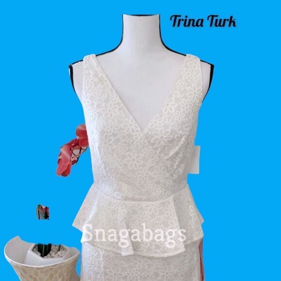TRINA TURK NWT V NECK PEPLUM LACE DRESS WHITE WASH ALL OCCASION - Picture 6 of 9